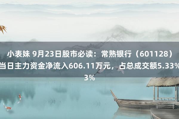 小表妹 9月23日股市必读：常熟银行（601128）当日主力资金净流入606.11万元，占总成交额5.33%